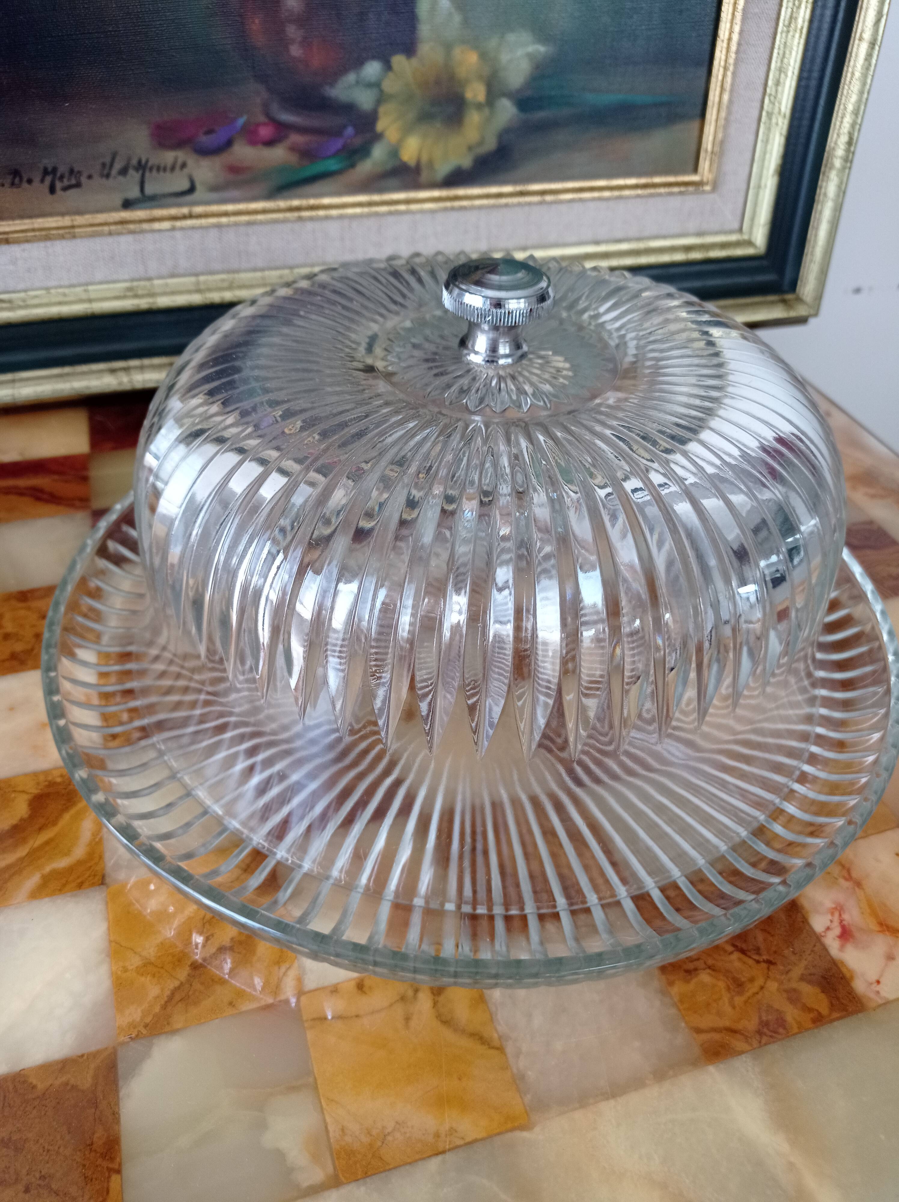 Vintage VMC Reims plat à gâteau et cloche en verre taillé