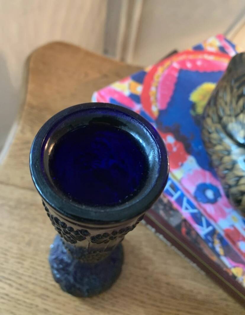 2 vintage cobalt blue pressed glass vases