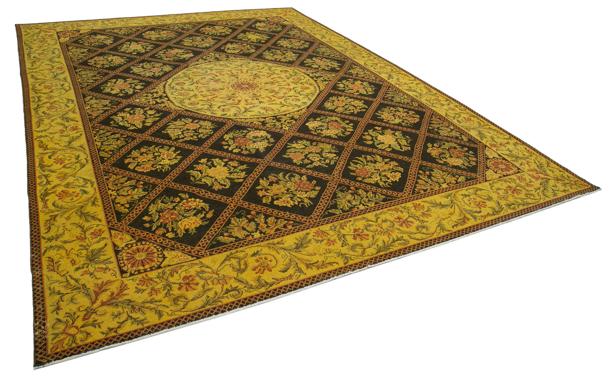 Handwoven persian overdyed 291 cm x 404 cm yellow wool rug