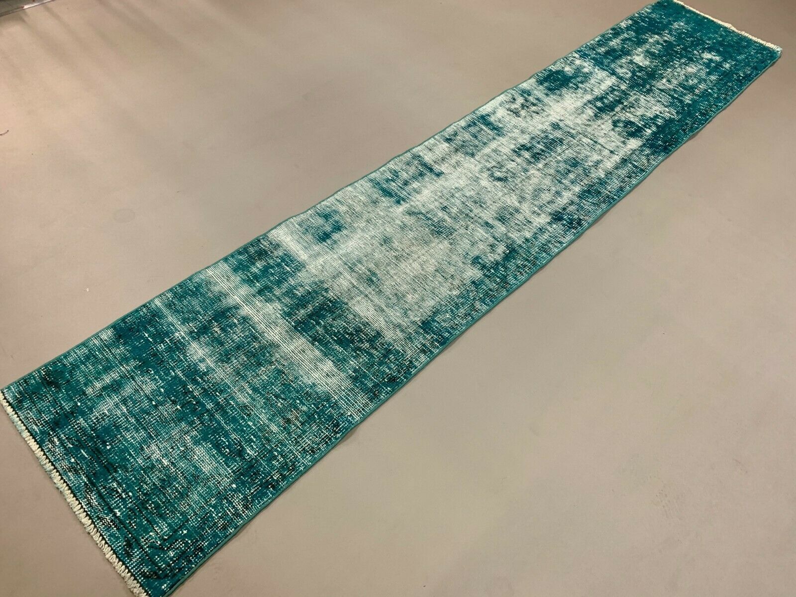 Distressed Turkish Narrow Runner 310x65 cm wool Vintage rug, Overdyed Green