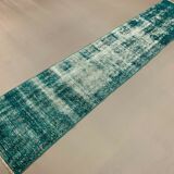 Distressed Turkish Narrow Runner 310x65 cm wool Vintage rug, Overdyed Green