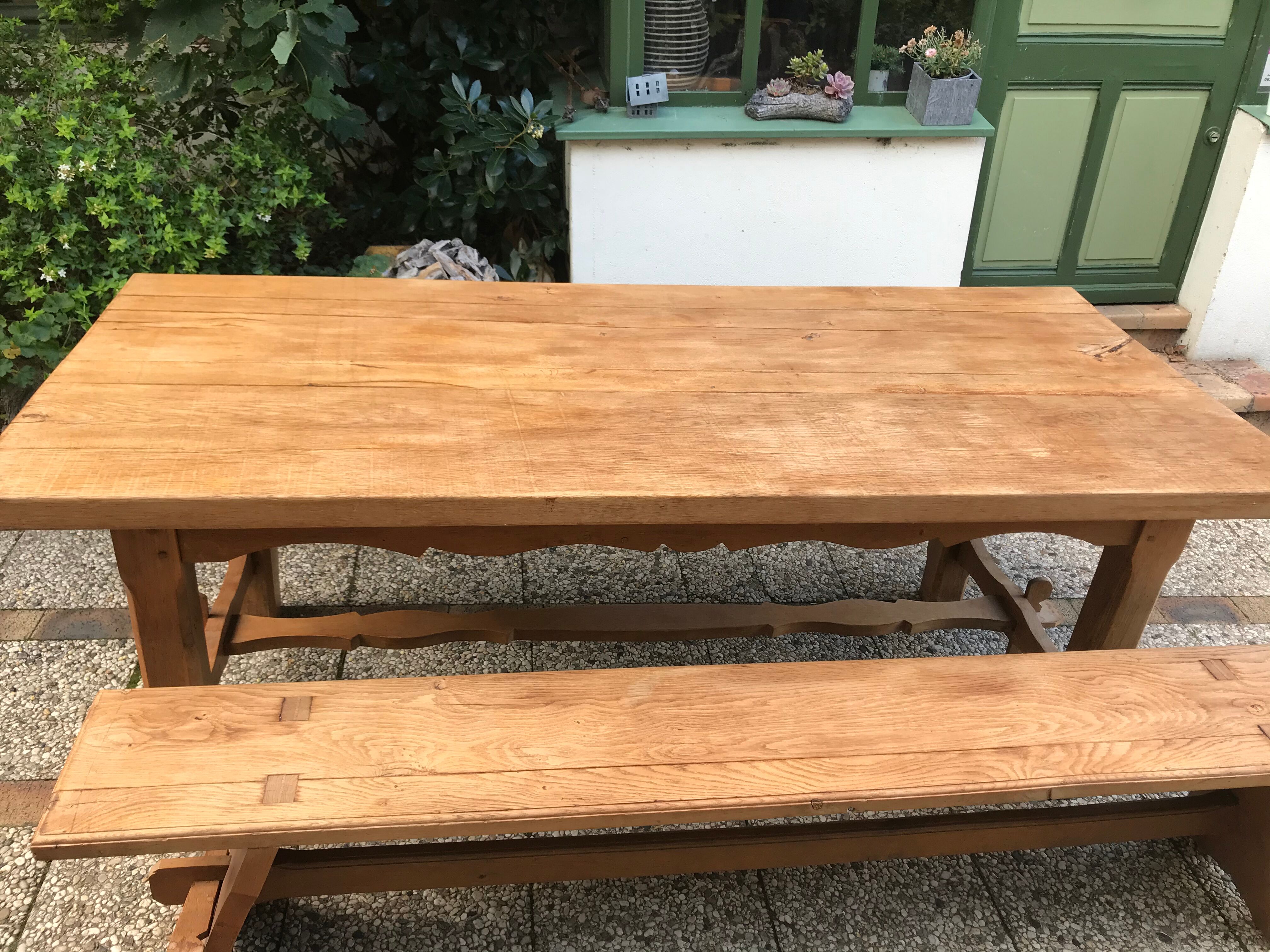 Farm table and two solid oak benches