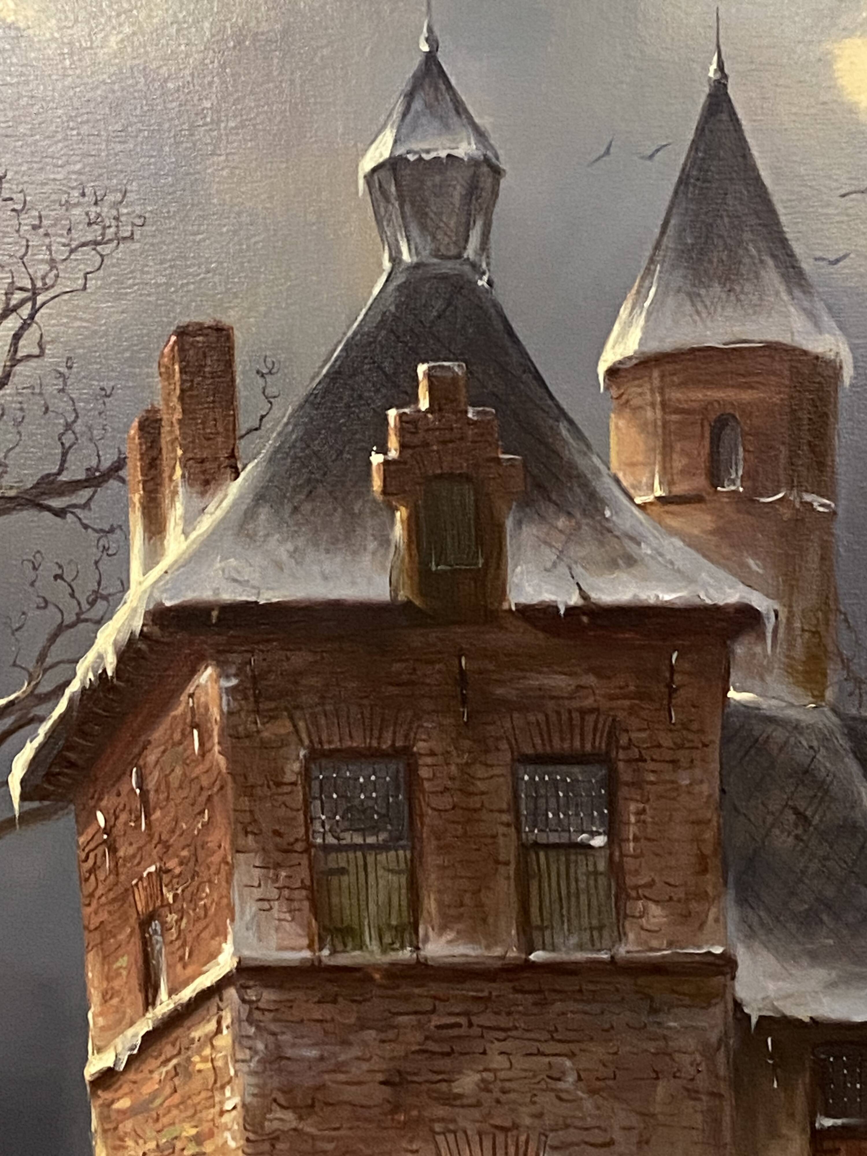 Huge oil painting on canvas Dutch school winter landscape 164x132