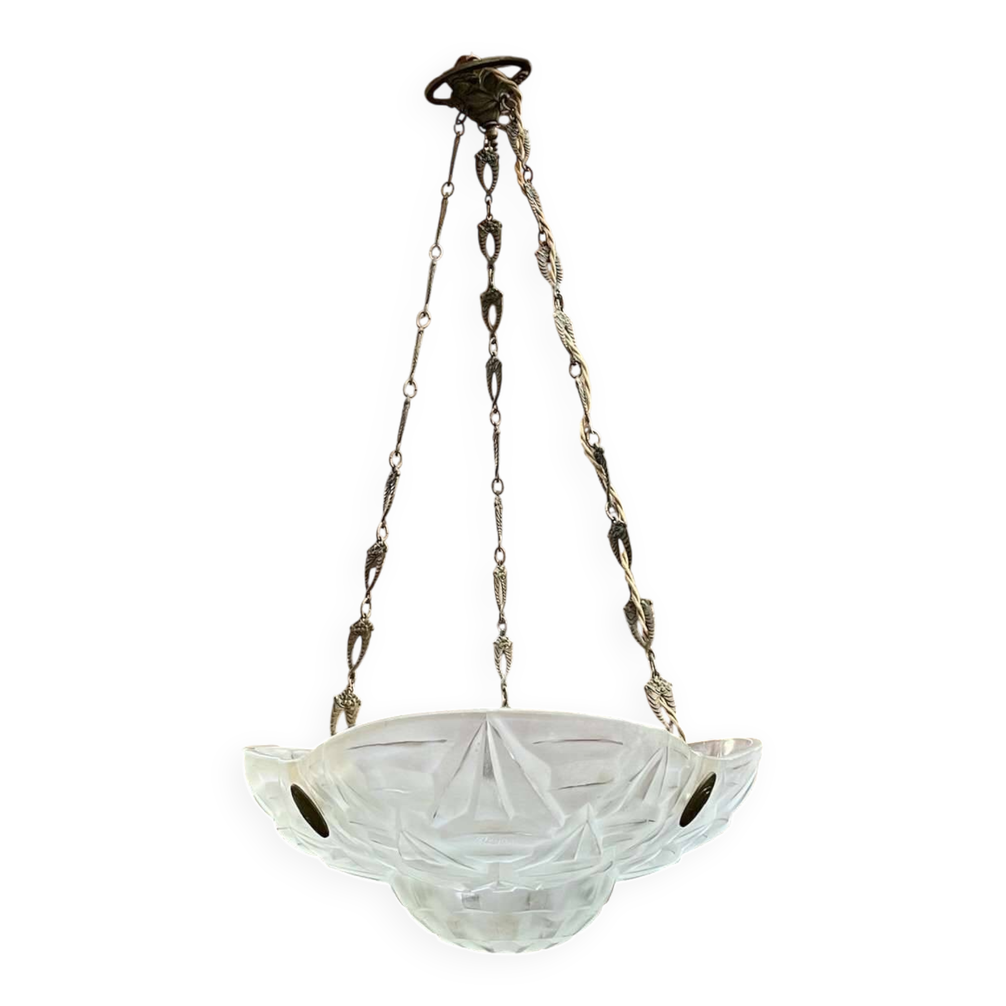 Art Deco suspension in moulded-pressed glass with geometric decoration signed Degué.