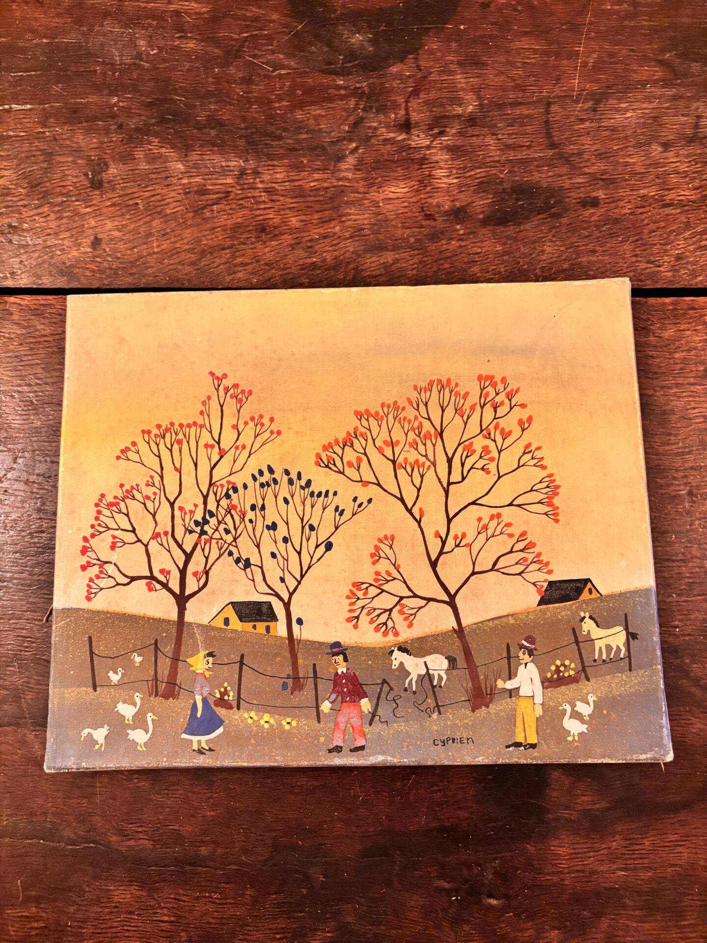 Tableau d'art naïf vintage - Scène champêtre. Art populaire