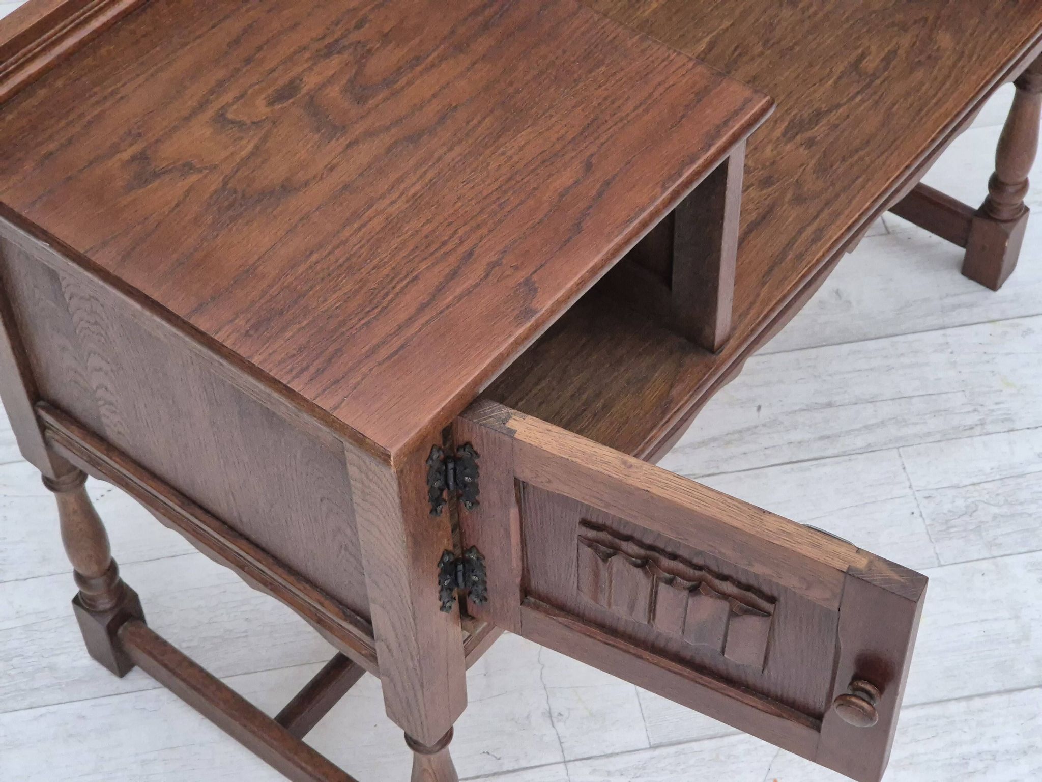 1960s, Danish bench, dark solid oak wood, plywood.