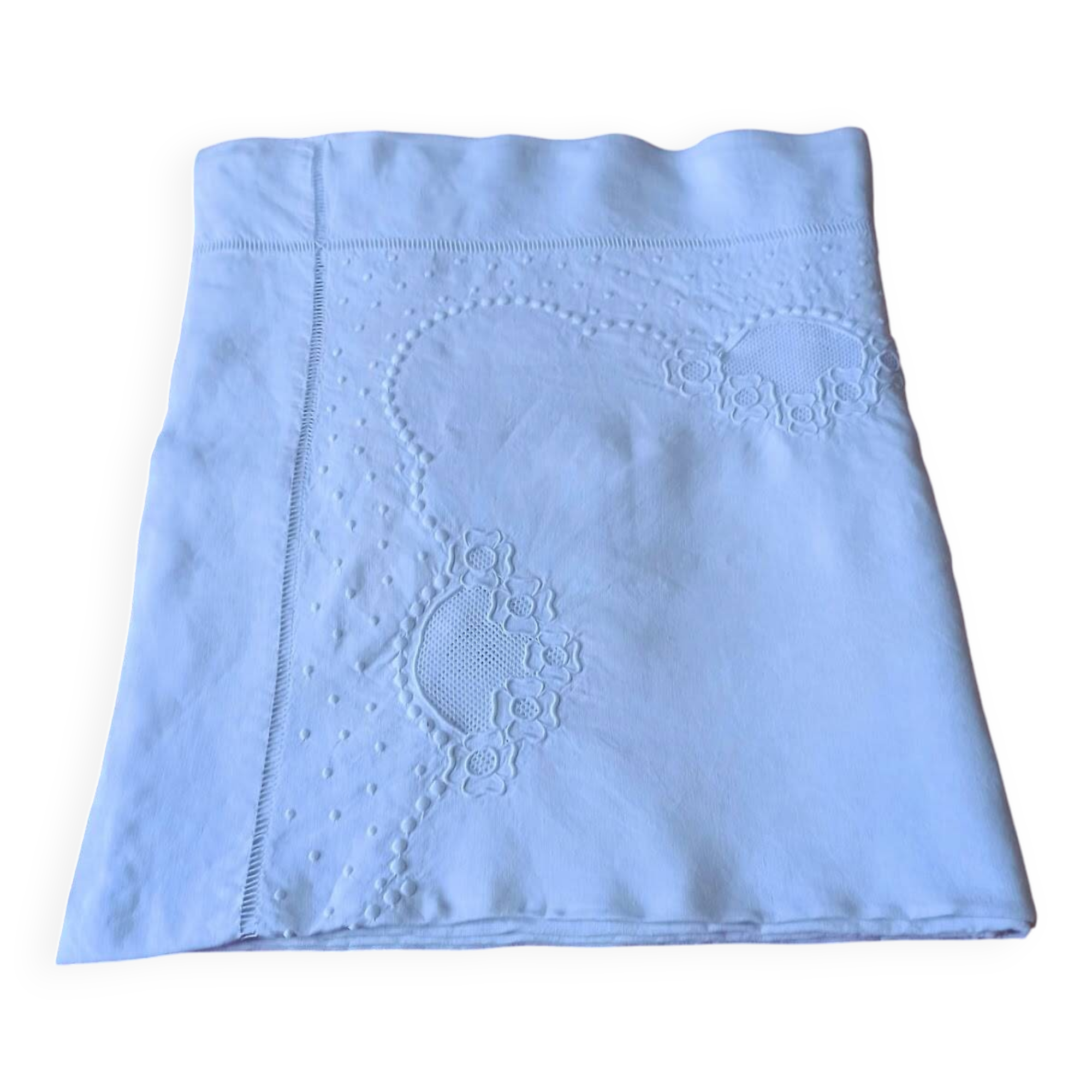 Large hand-embroidered antique linen bed sheet
