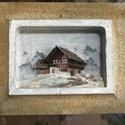 Tableau alpin vintage en bois sculpté et peint