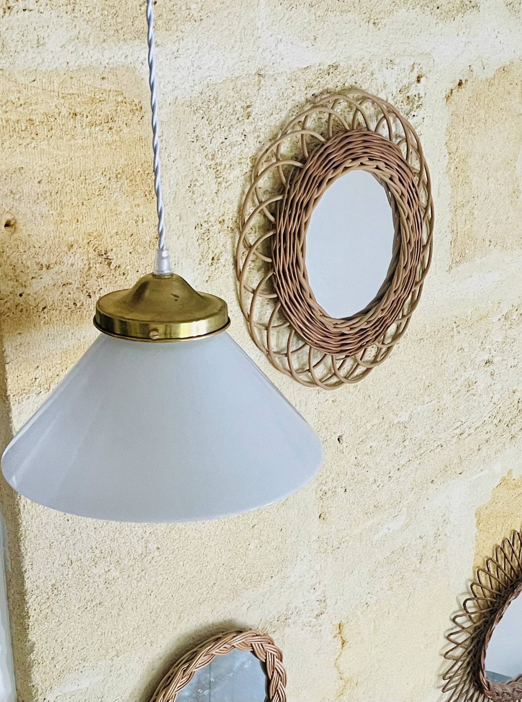 Vintage globe pendant light in smooth white opaline and gold metal