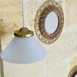 Vintage globe pendant light in smooth white opaline and gold metal