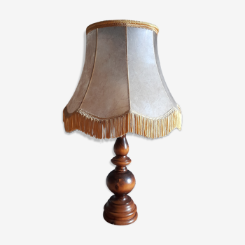 Solid wood table lamp turned rustic chic, beige and golden pagoda lampshade - 60s