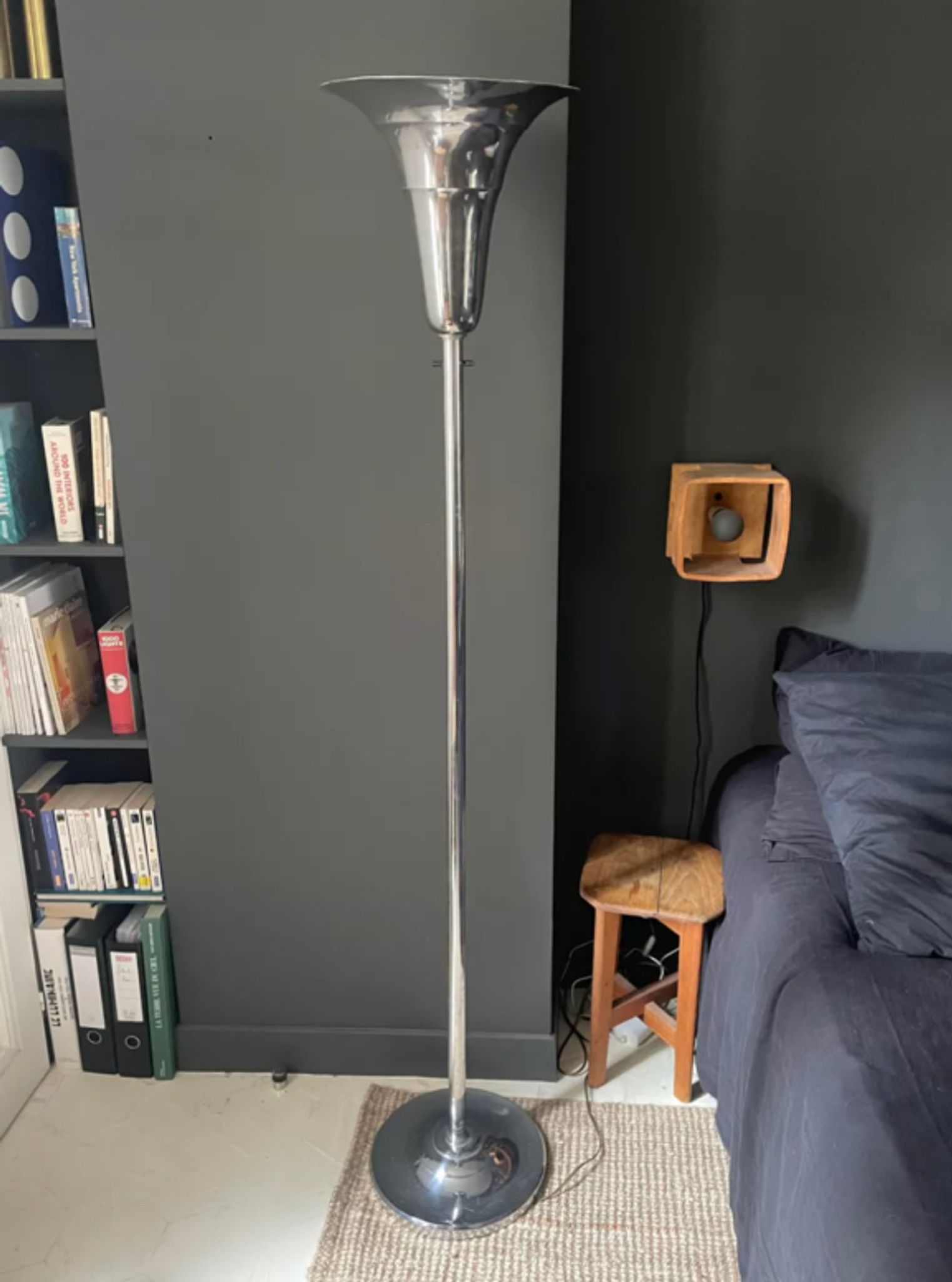 Vintage art deco floor lamp, chrome metal, France 1930