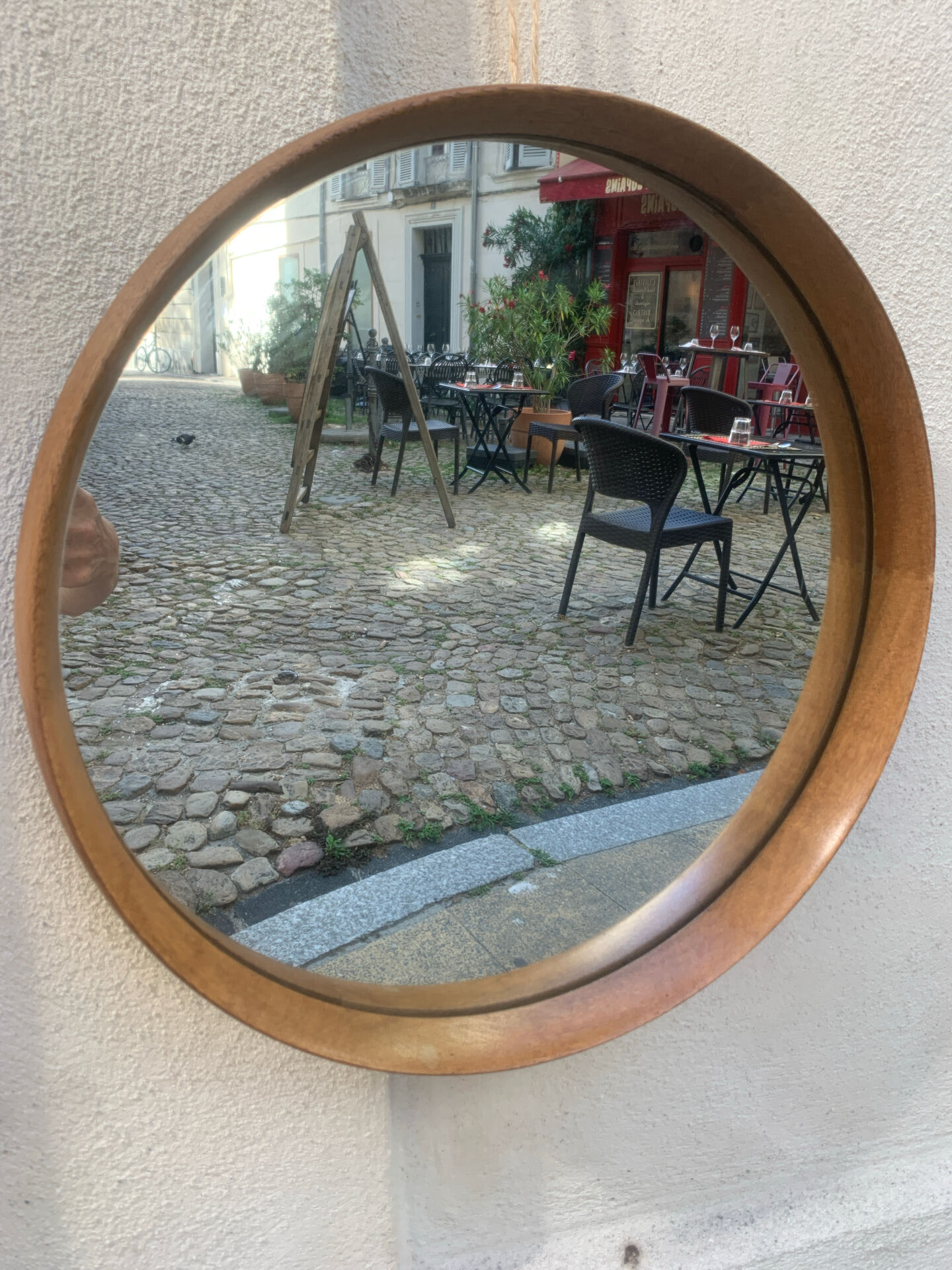 Scandinavian round mirror in teak