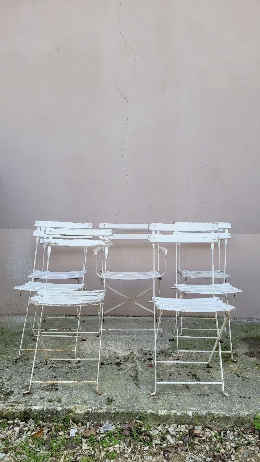 Series of 6 chairs and 1 folding armchair of iron garden bistro