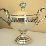 Antique trophy-shaped sugar bowl, silver-plated metal and glass verrine