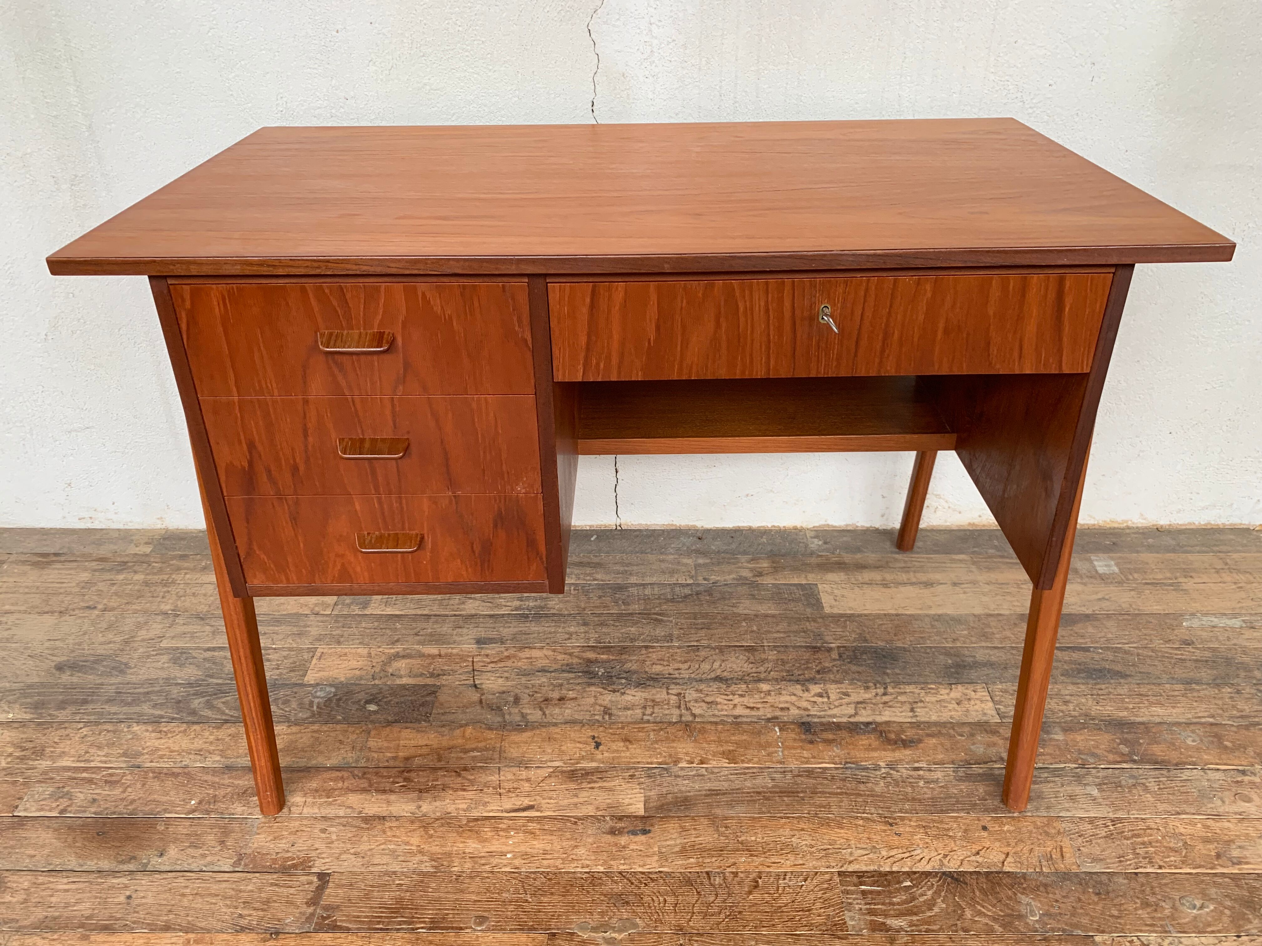 Bureau scandinave teck 1950 1960 vintage rétro ancien - pieds compas - 3 tiroirs - LEGRAND D