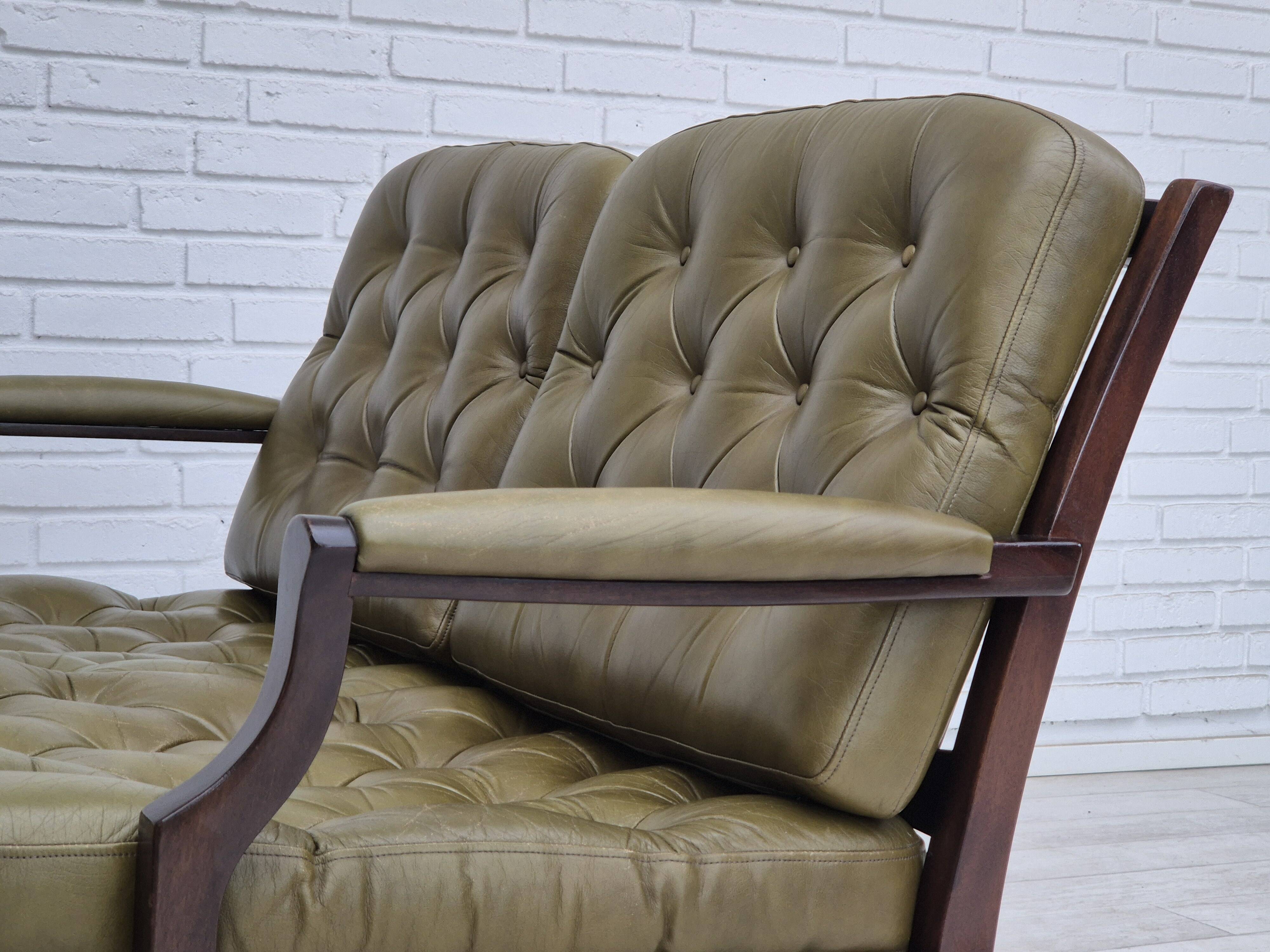 1970s, Scandinavian 2 seater sofa in original condition, green furniture leather, solid teak wood.