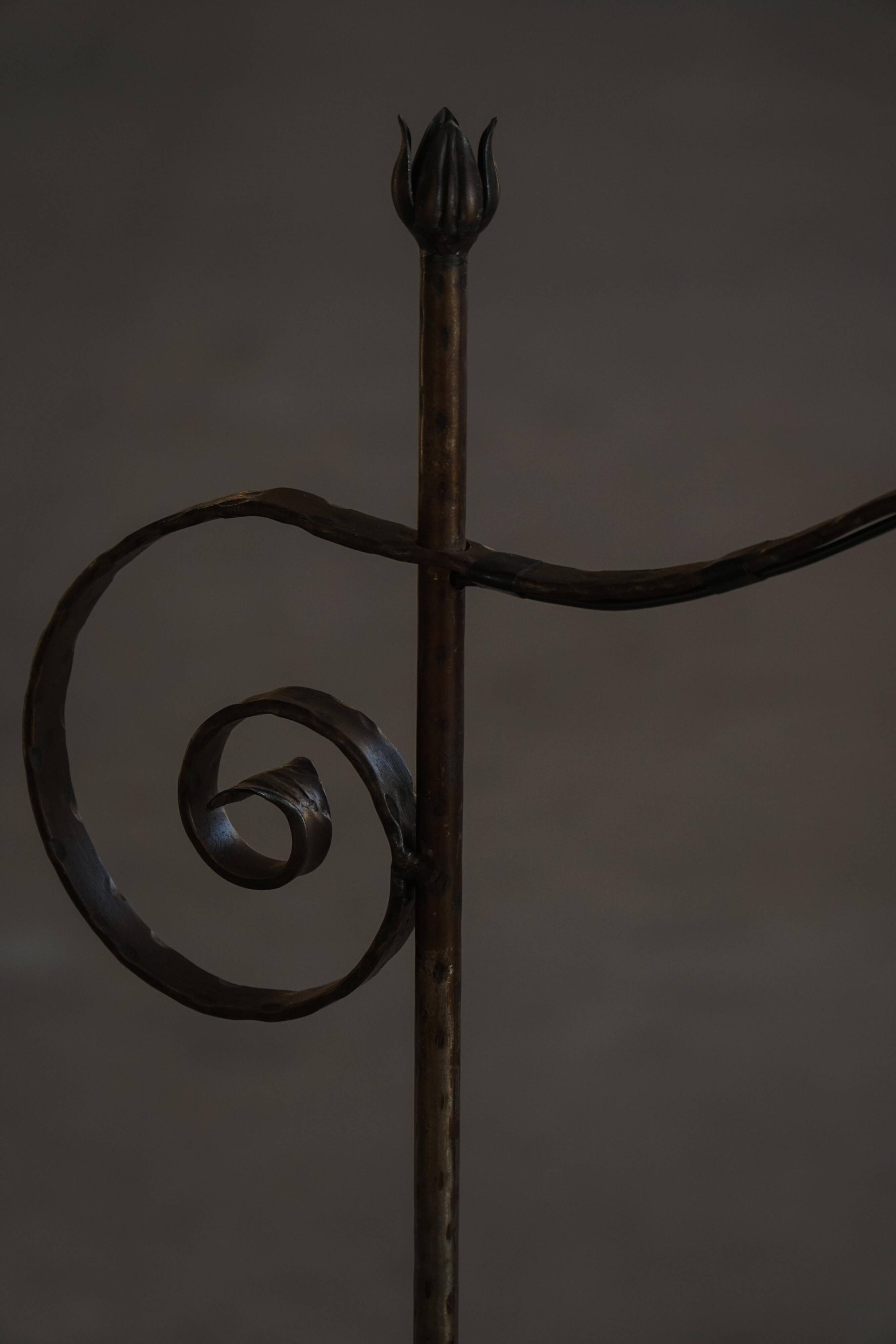 20th-century wrought iron floor lamp with swirling detail, Danish Art Deco.