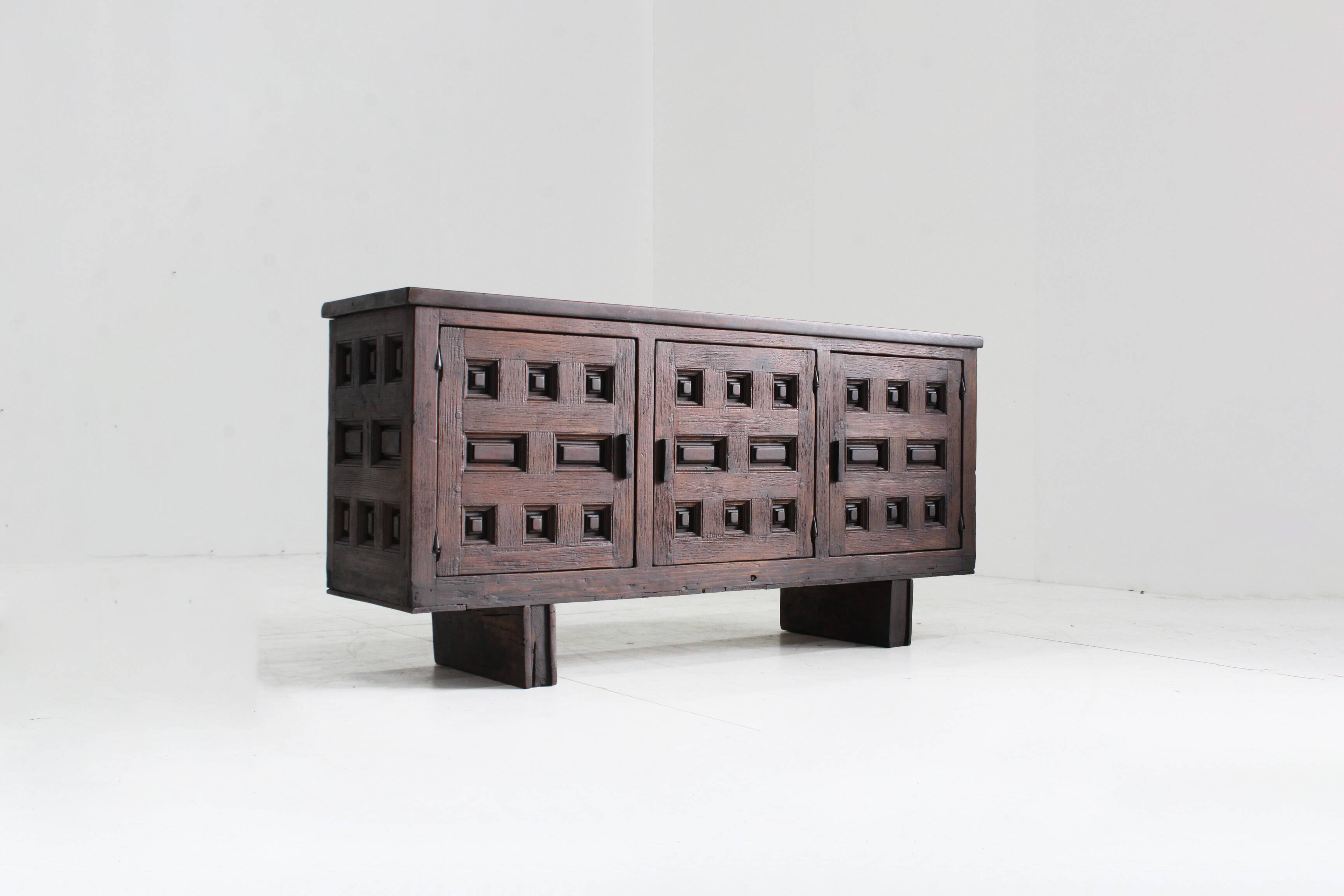 Vintage Brutalist Spanish carved sideboard credenza