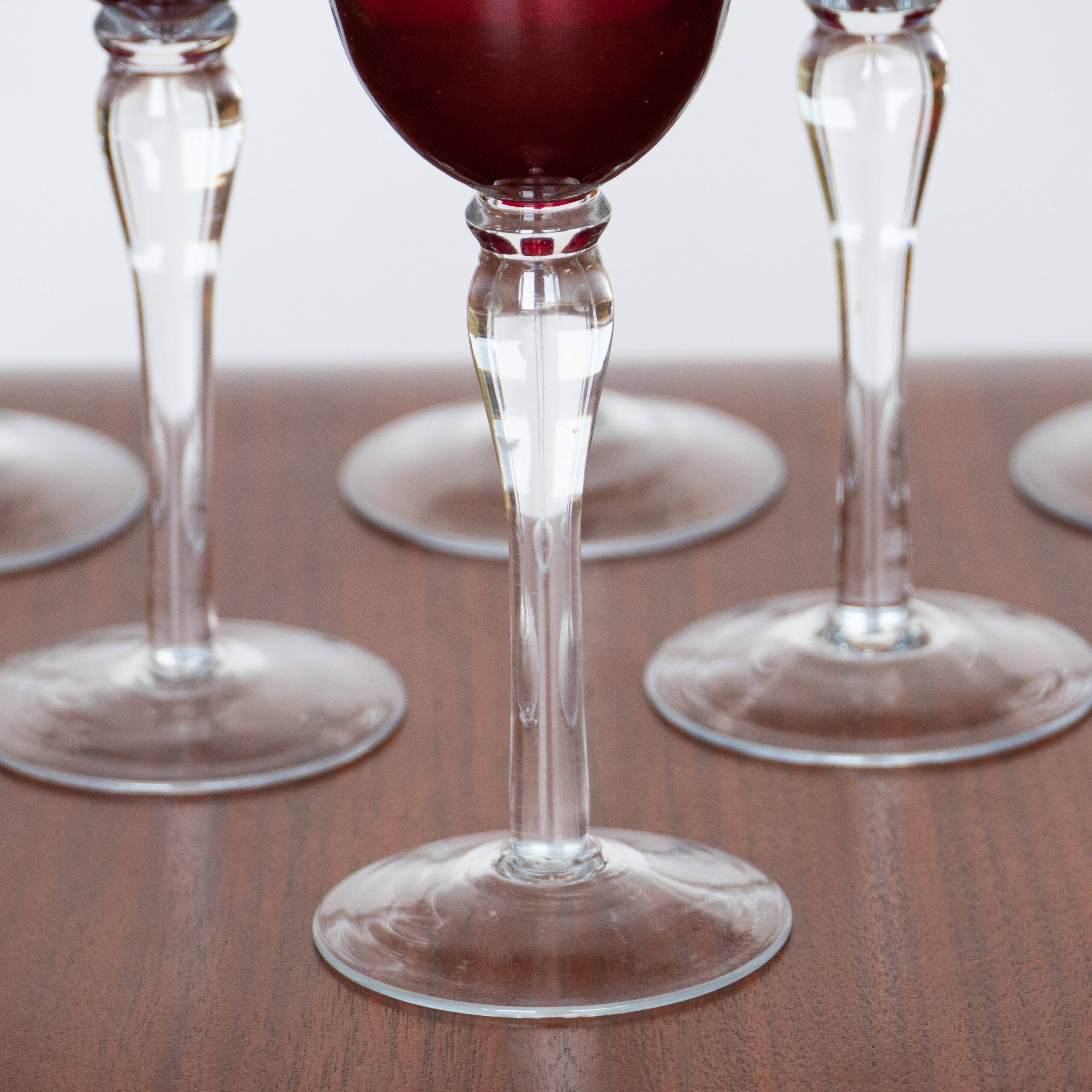 6 large vintage chalice ruby red stemmed glasses