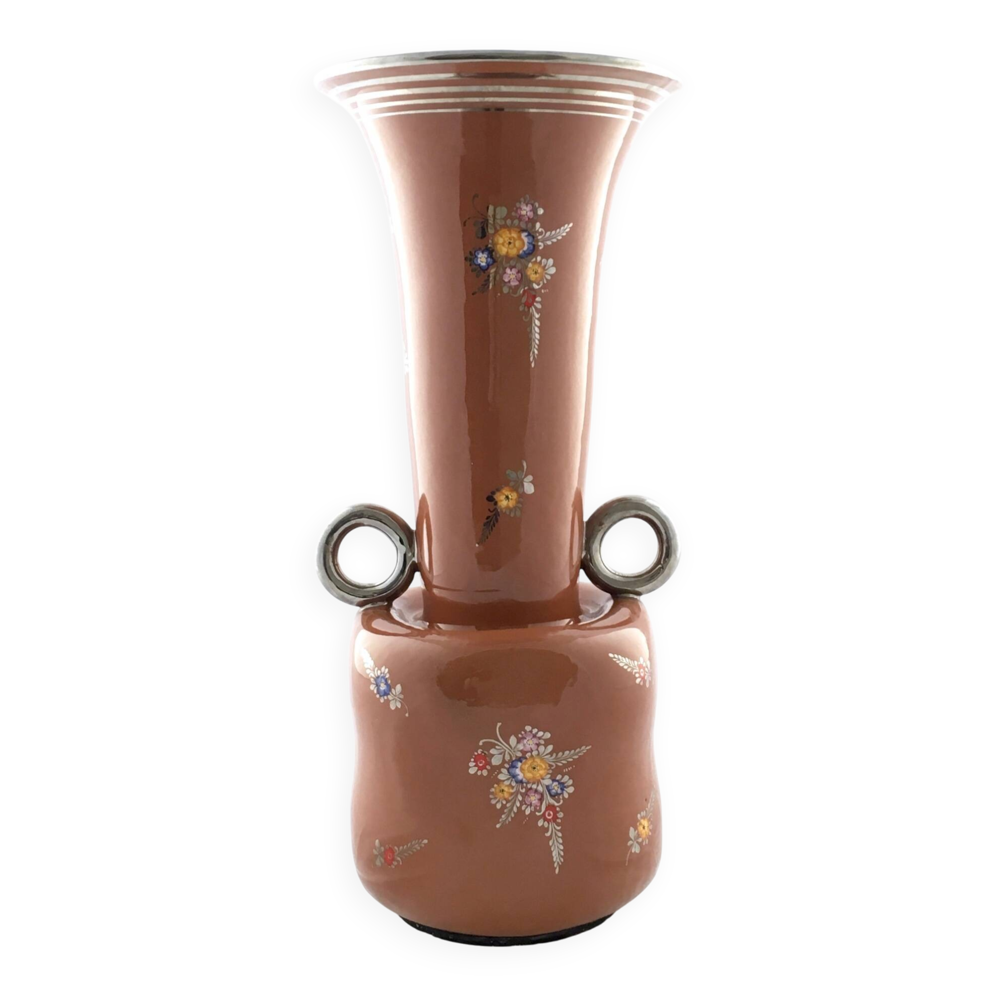 Brown Lacquered and Hand Painted Terracotta Deruta Amphora Vase, Italy
