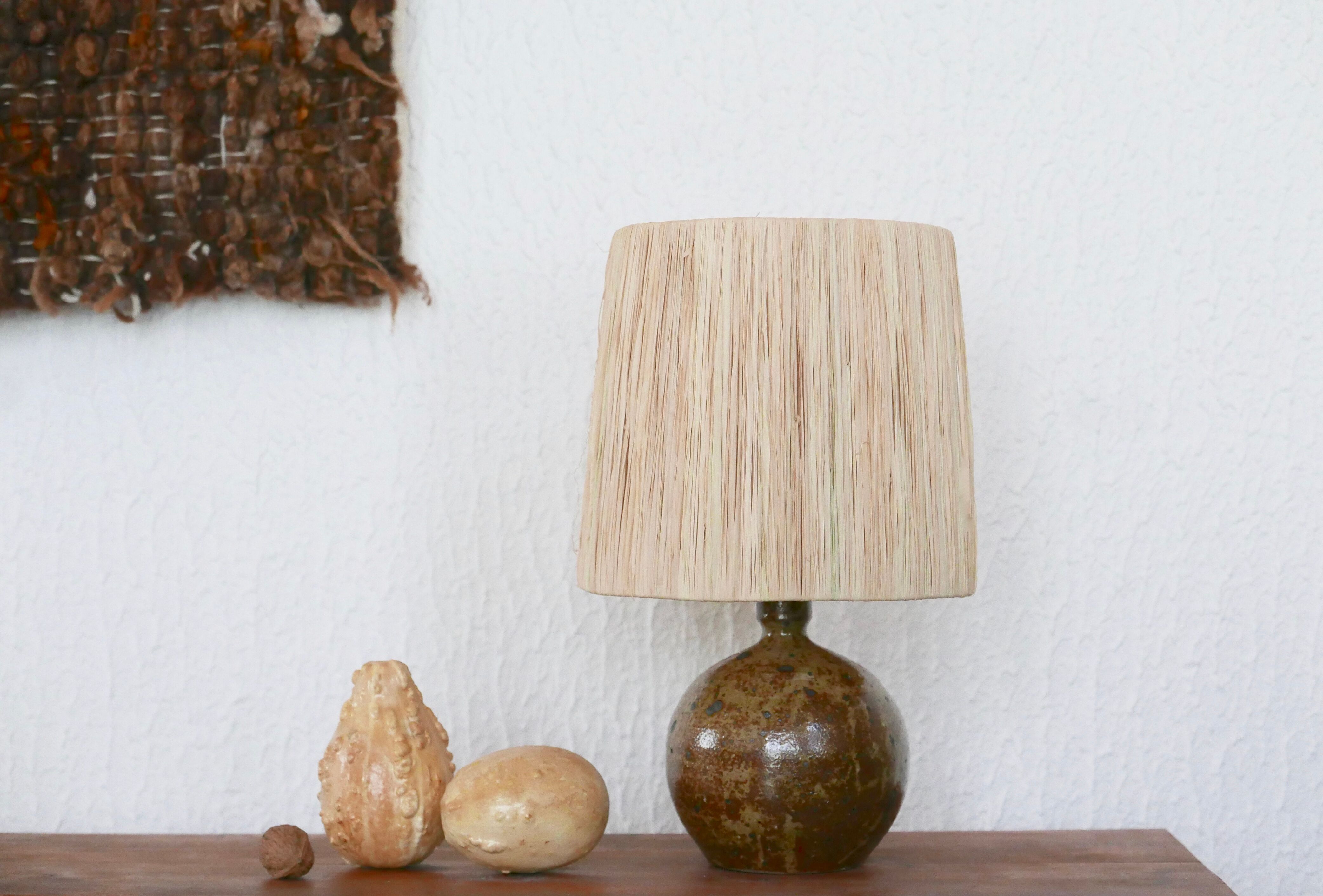 Borne sandstone lamp, raffia lampshade, 1960s