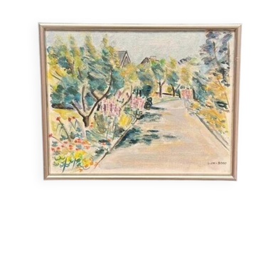Huile sur toile suédoise « Paysage » par Lena Jenny Malmajo, vintage et encadrée 46×37 cm