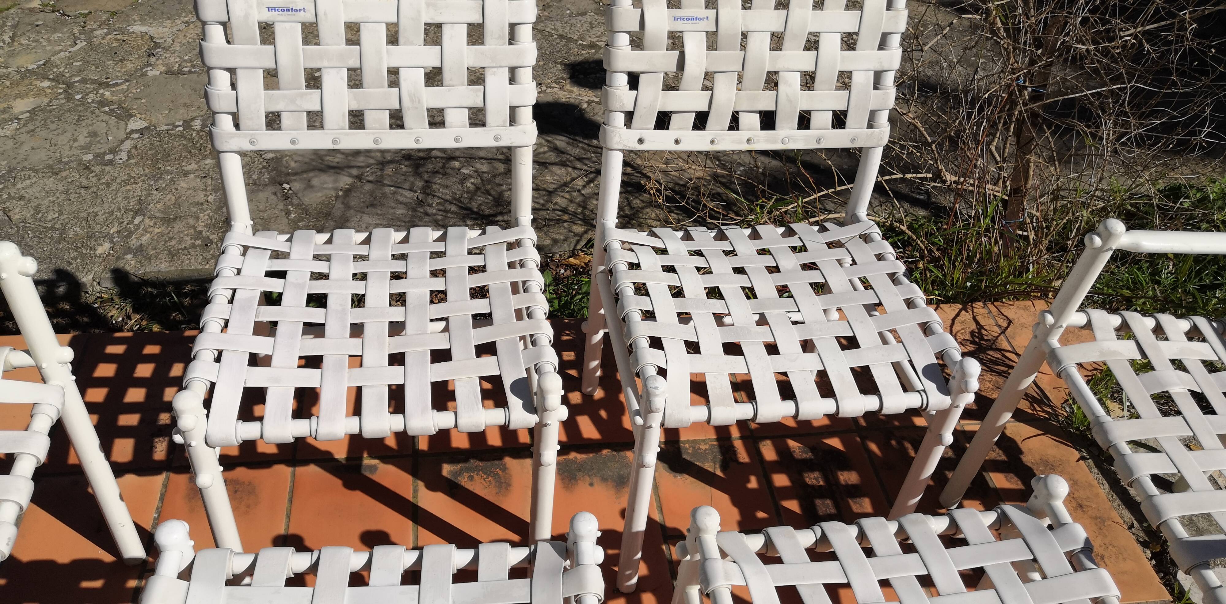 4 chairs & 2 vintage woven lounge armchairs triconfort, 1980 France