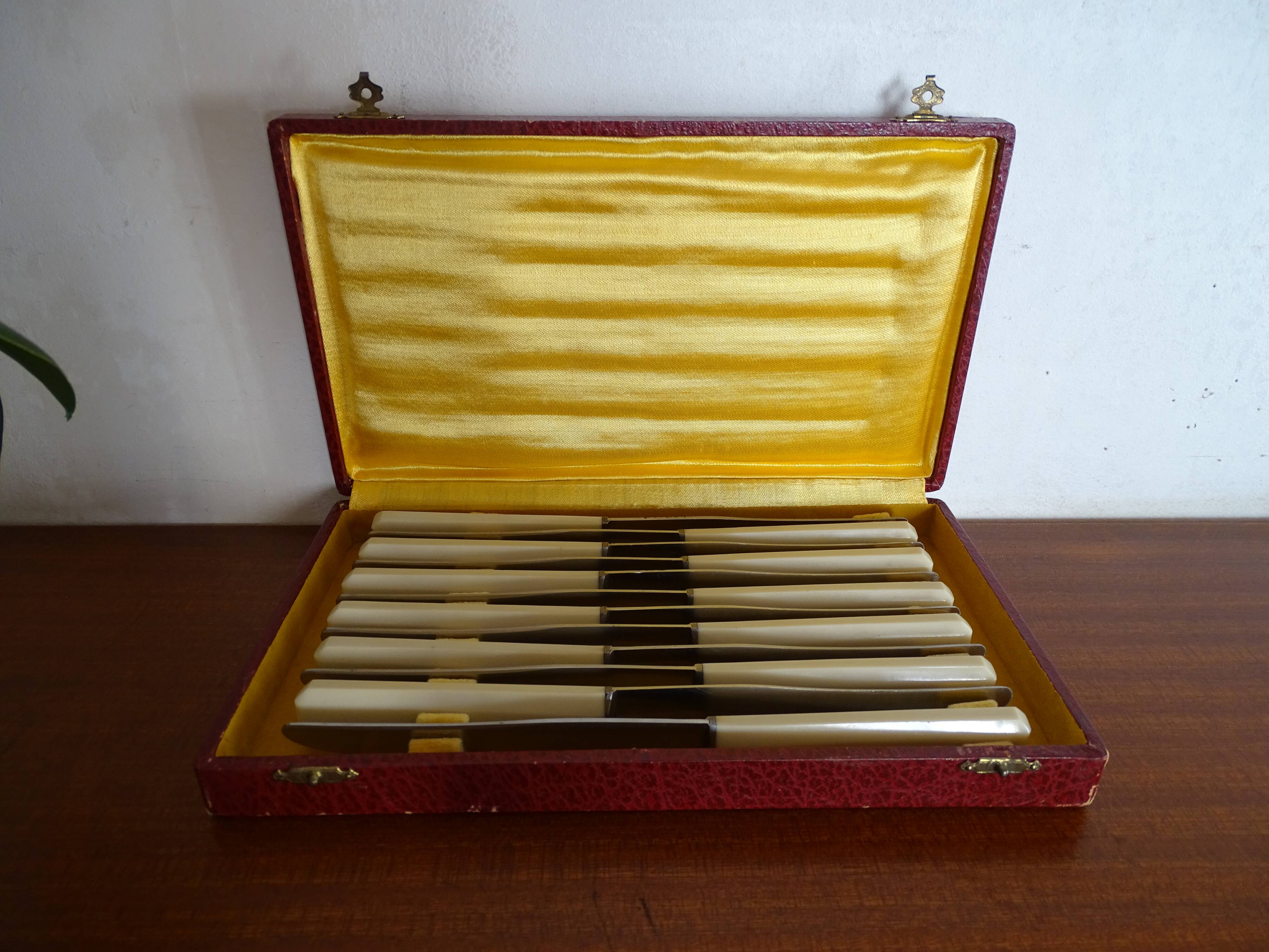 12 Art Deco knives 1930 bone or bakelite sleeves in case