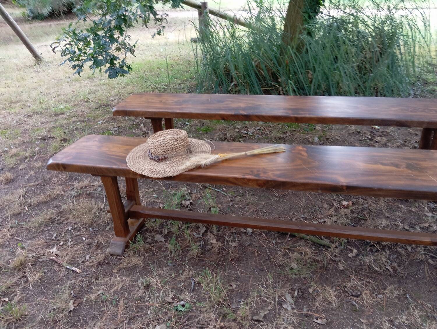 Pair of solid cherry wood farmhouse benches, 1950/60