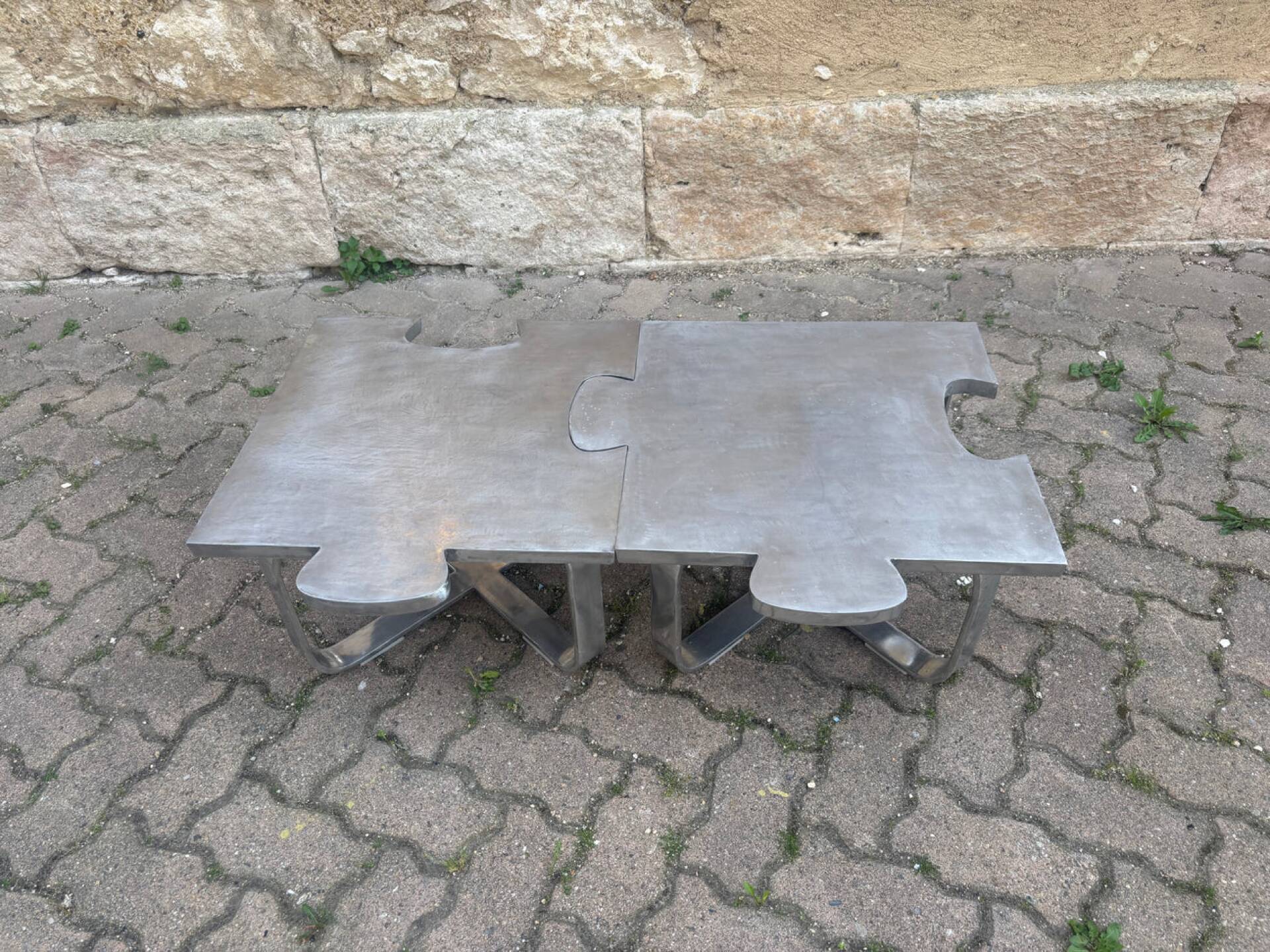Pair of uniquely designed handmade puzzle coffee tables