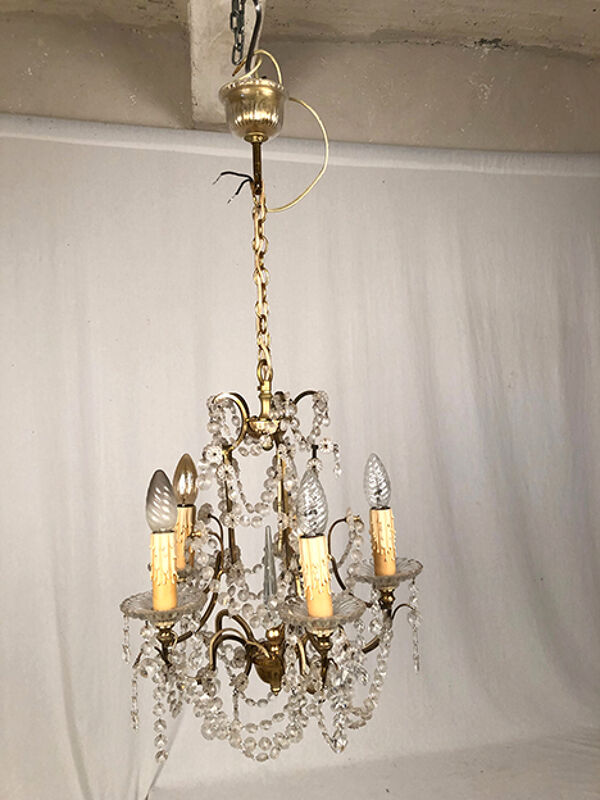 Lustre à pampilles à cinq bras de lumière, métal doré, fin XIXe