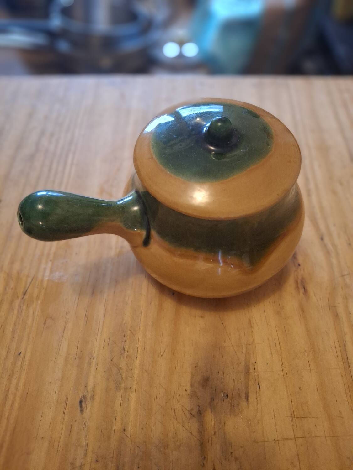 Vintage stoneware mini pot with lid and handle