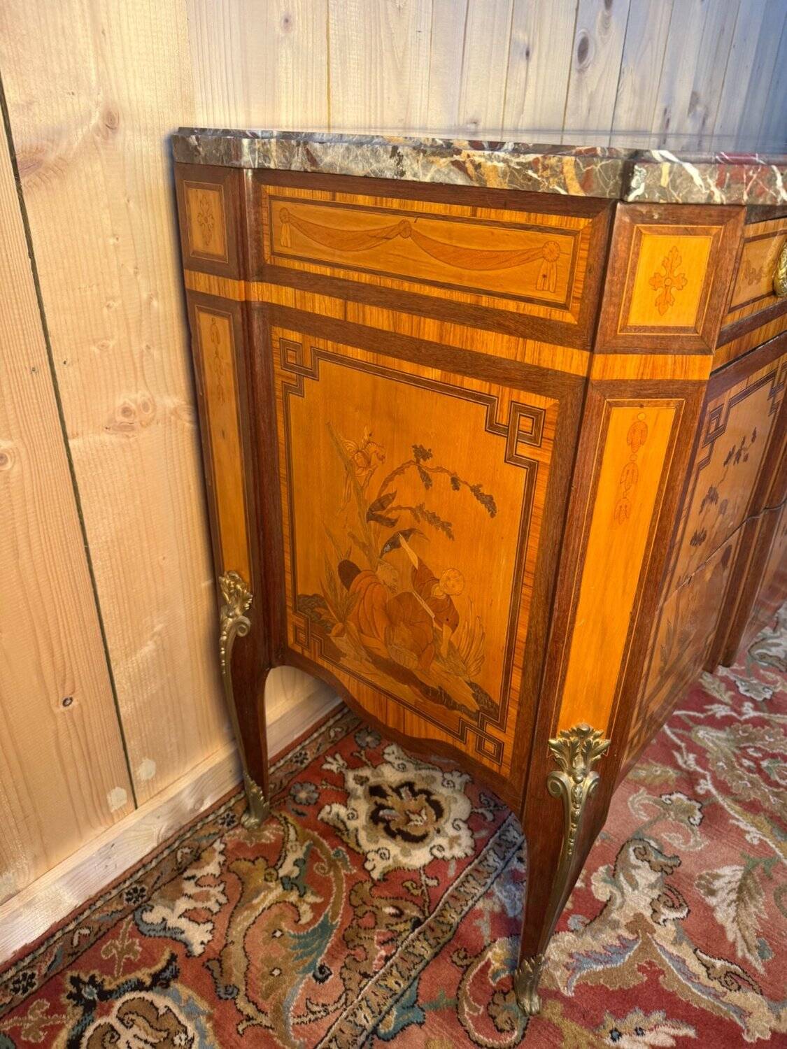 Commode Transition oriental marquetry, 1920s, black marble