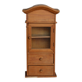 Vintage wooden shelf with drawers and wire mesh door