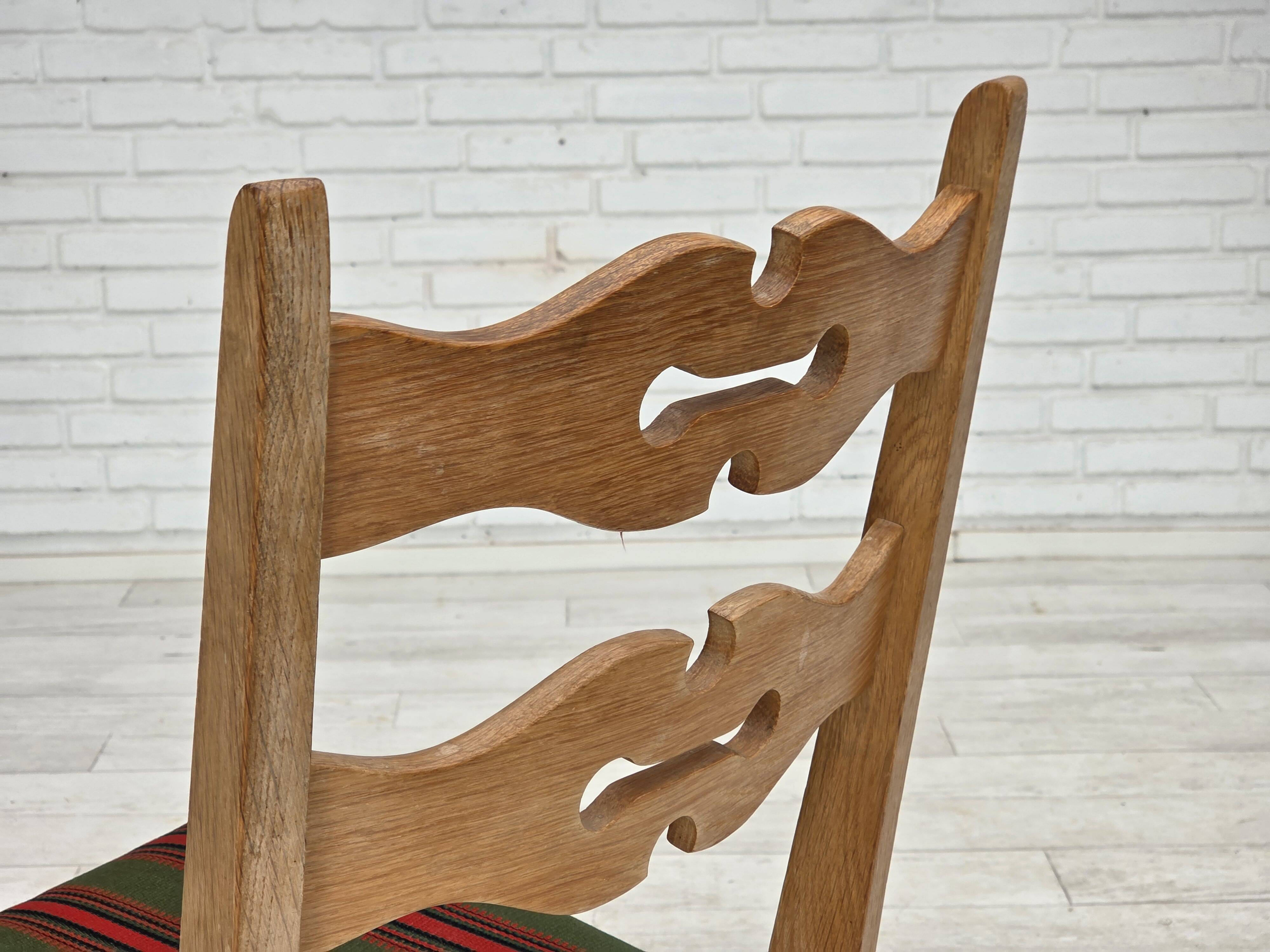 1970s, set of 2 Danish dining chairs, furniture wool, solid oak wood.