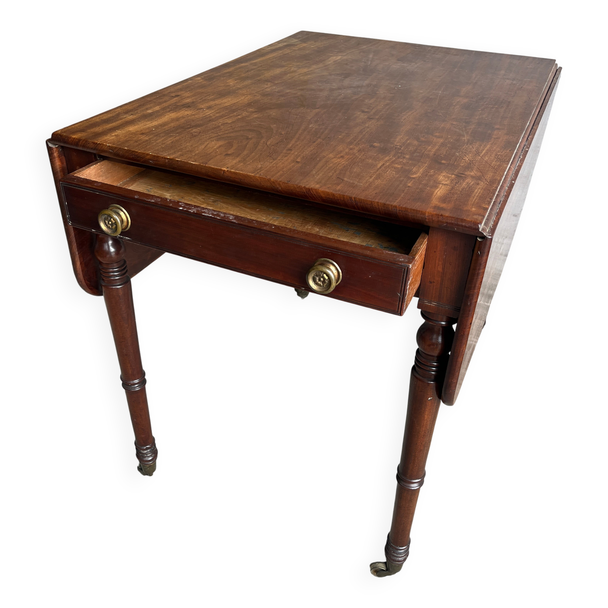 Antique drop-leaf side table on wheels