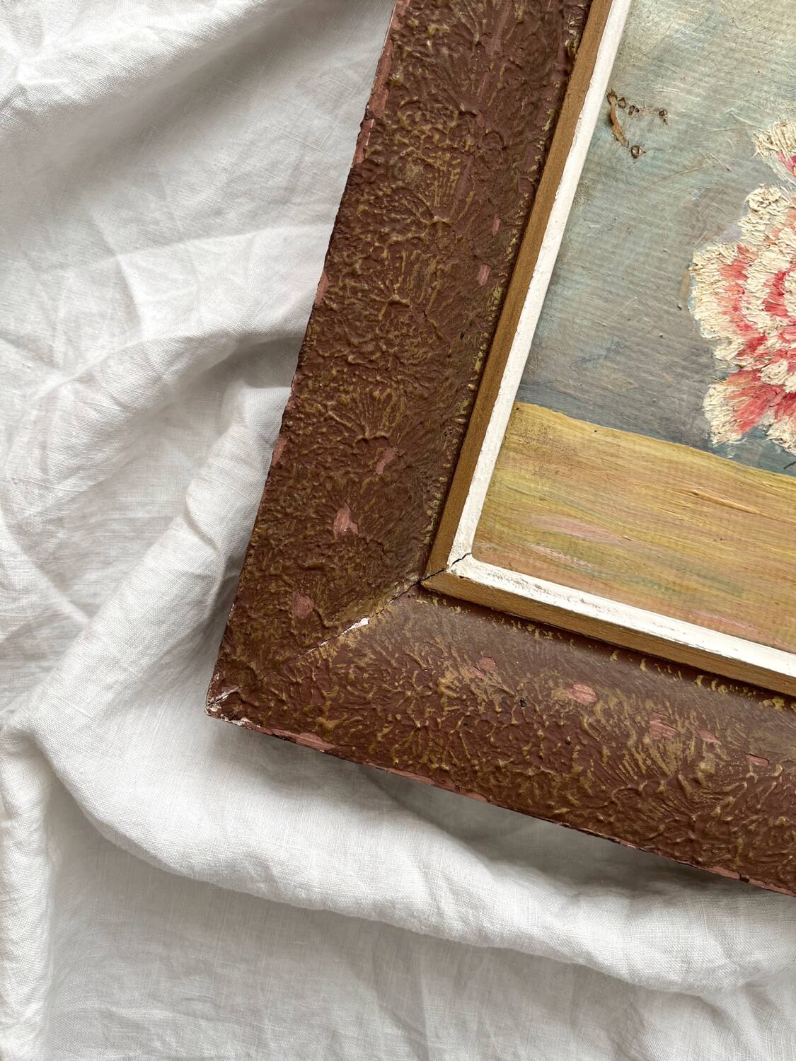 Antique oil painting on cardboard, bouquet of carnations, signed and dated 1899