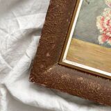 Old oil painting on cardboard bouquet of carnations signed and dated 1899