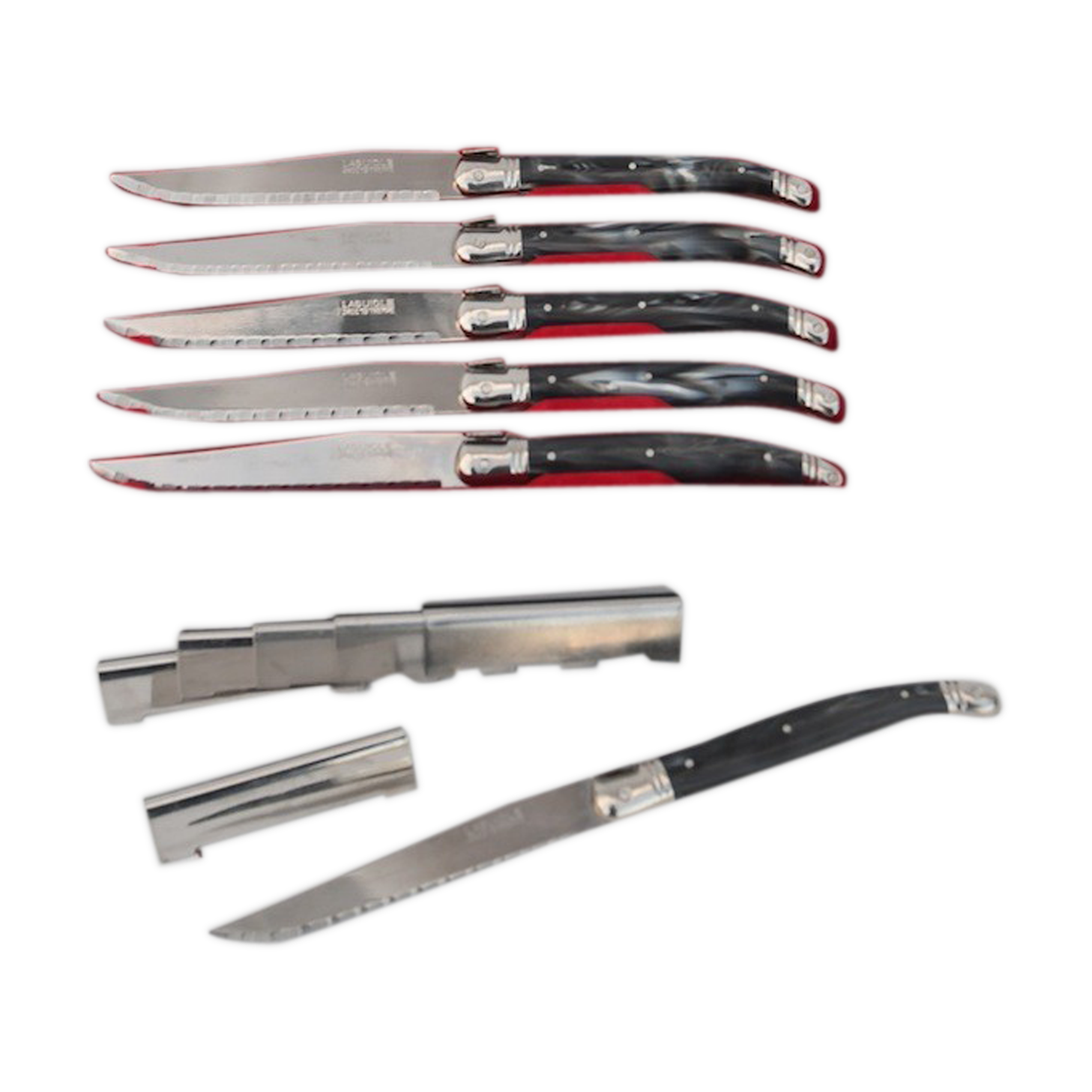 6 knives and silver metal knife holder