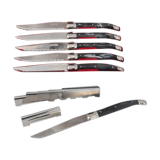 6 knives and silver metal knife holder