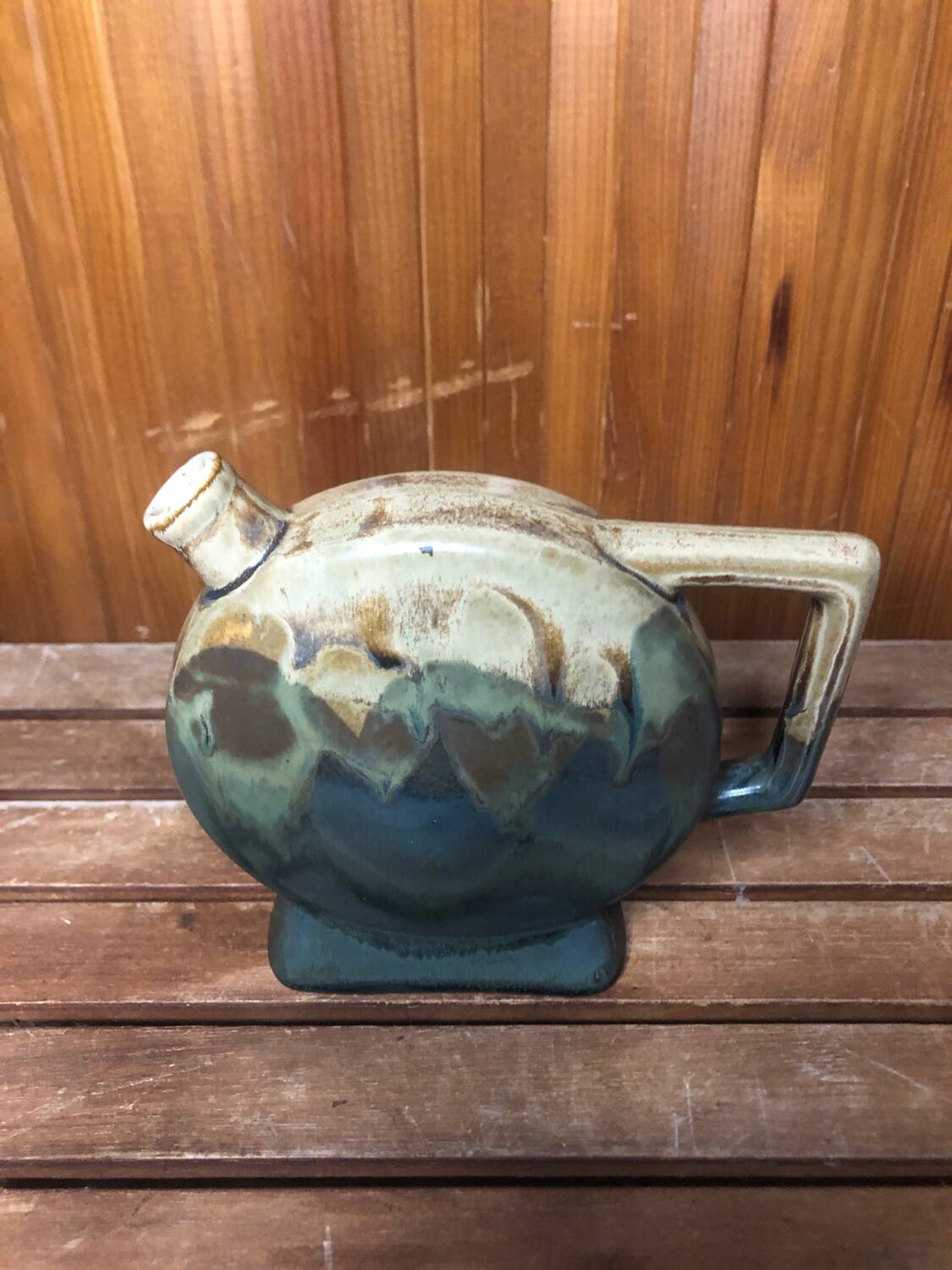 Old beige & green ceramic bottle + vintage handle