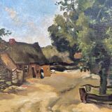 Paysage alpin avec village de montagne, Début du XXe siècle, Huile sur carton, Encadré