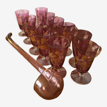 Cocktail set or mulled wine with pink glass ladle and hand-painted floral decorations