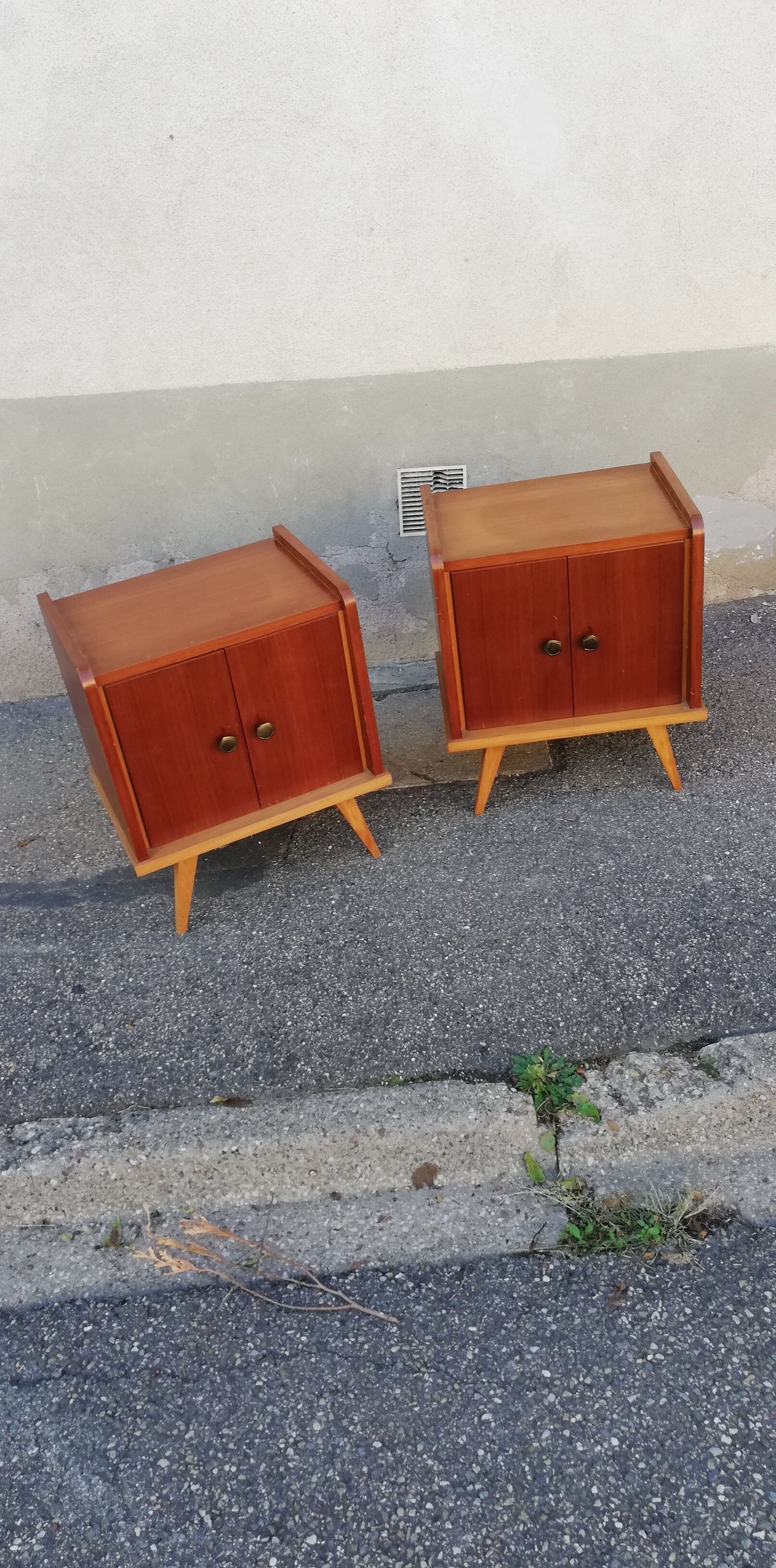 Pair of vintage wooden bedside tables 2 tones