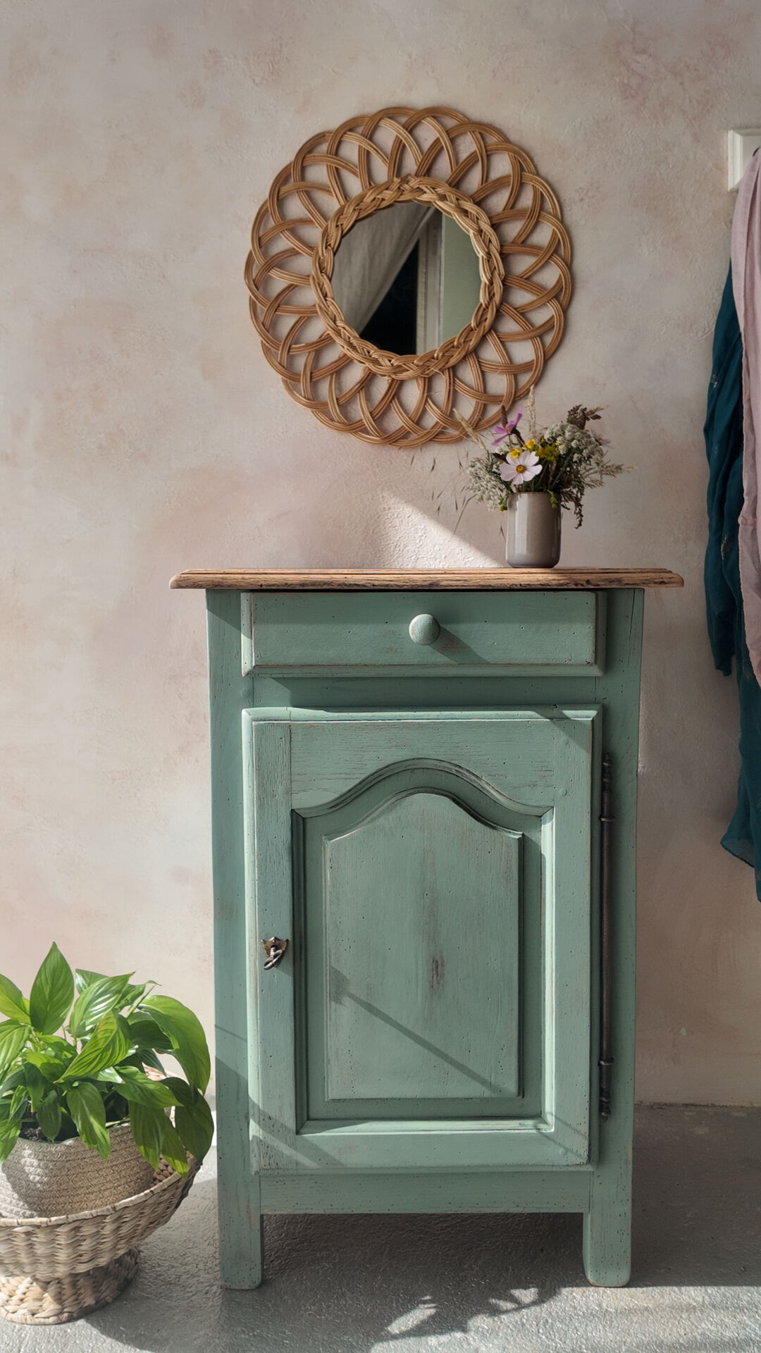 Small vintage side table in sage green patina and solid wood.