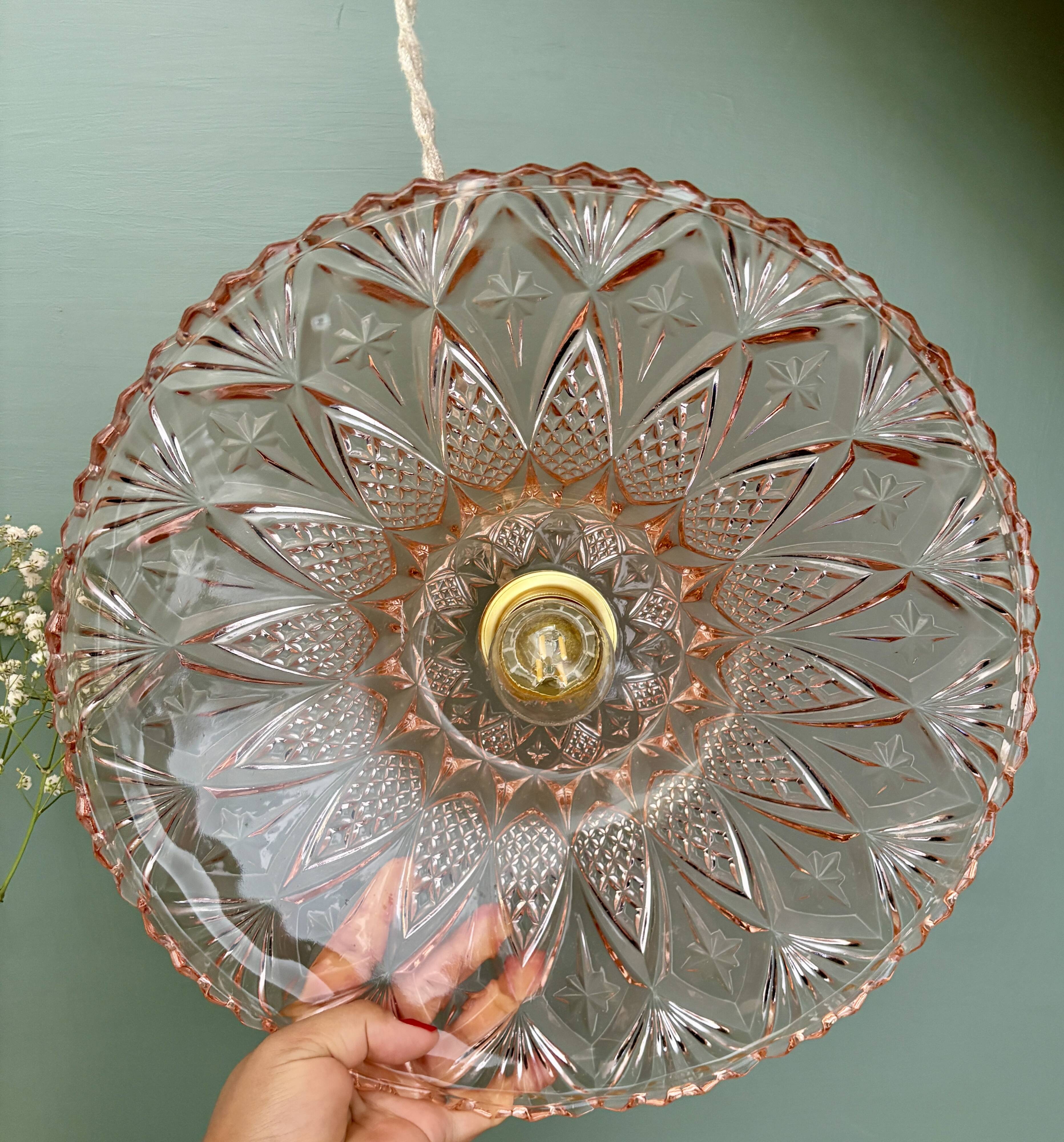 Vintage pink molded glass lampshade pendant light - tableware collection -