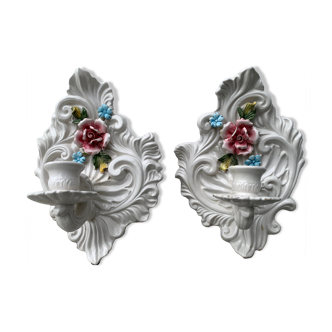 Pair of Italian wall lamps or wall chandeliers in Capodimonte porcelain, 1950