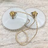 Pair of pendants in white opaline and transparent serrated edges