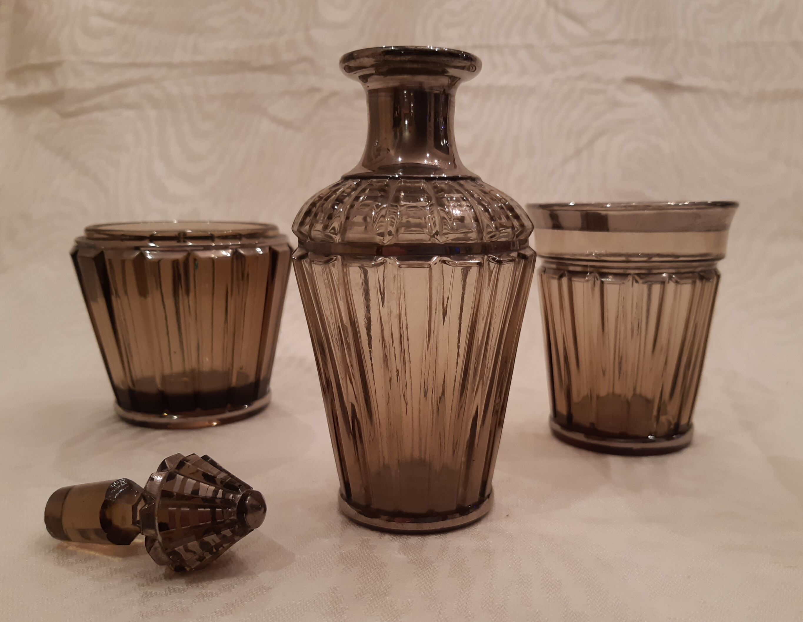Carafe, glass and pot Portieux in smoked glass and silver art deco